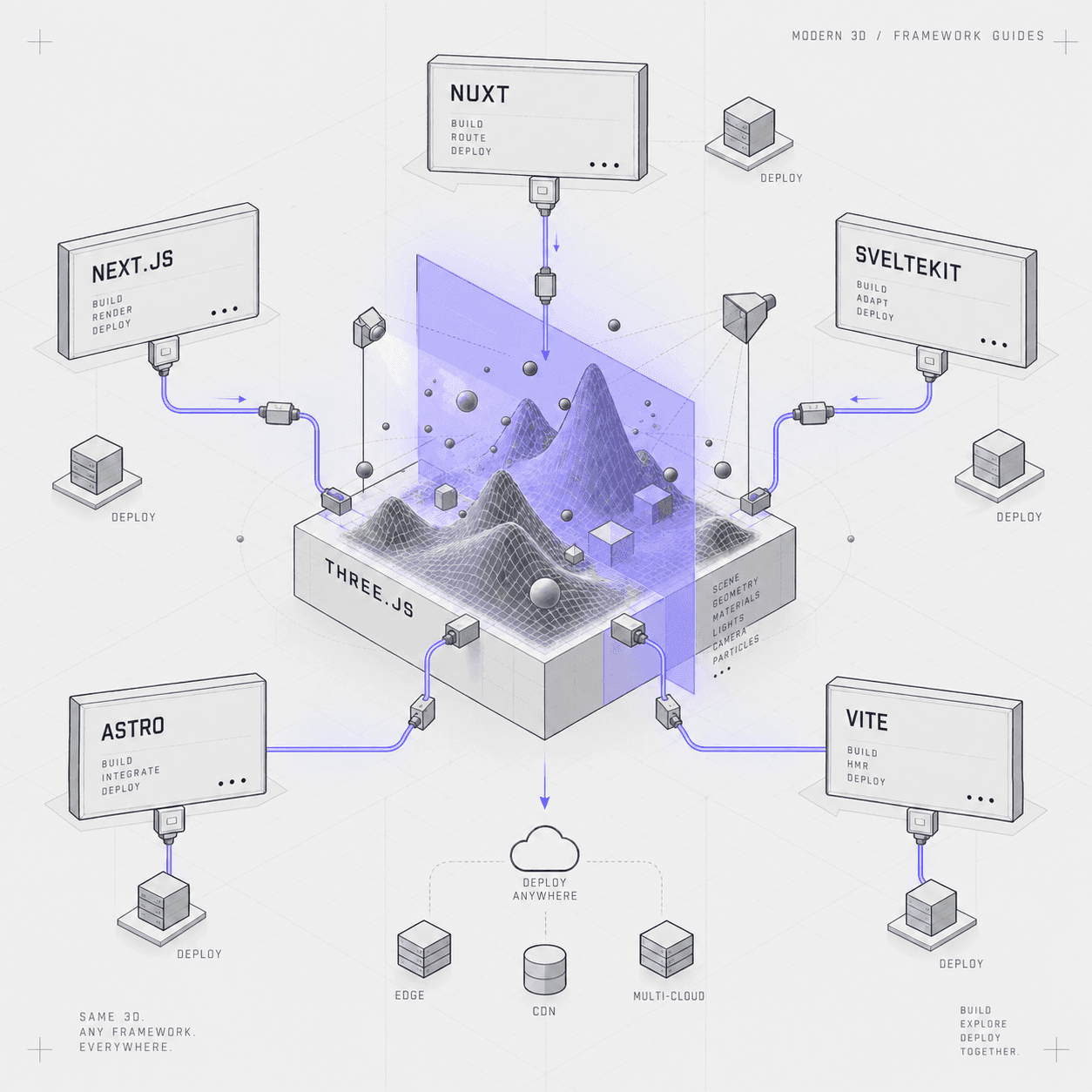 Isometric diagram of Three.js tools organised by category