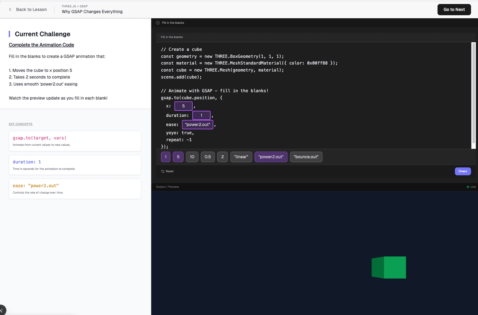 Three.js + GSAP course lesson preview