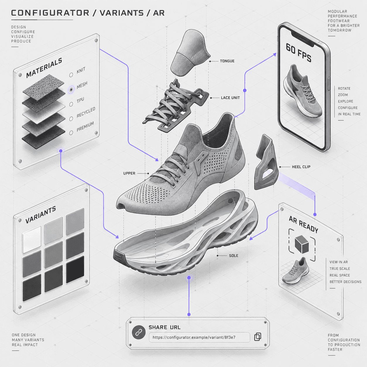 Isometric diagram of a 3D product configurator with variant swatches, mobile frame rate and AR export