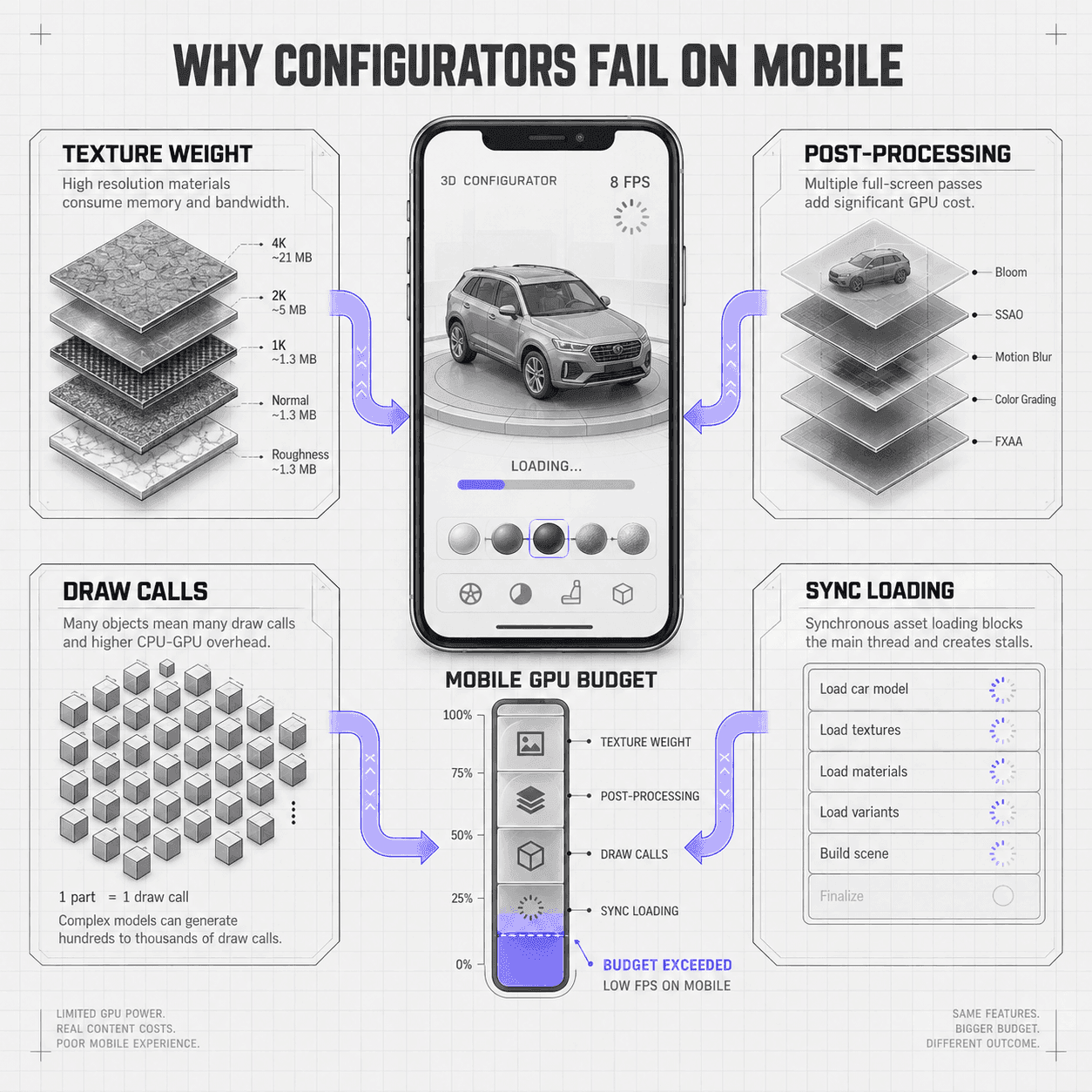 Isometric diagram of a mobile performance budget broken down by textures, post-processing, draw calls and loading
